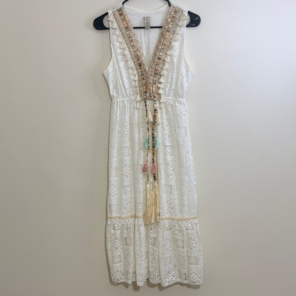 Bohemian White Lace Midi Dress with Embellished V-Neck